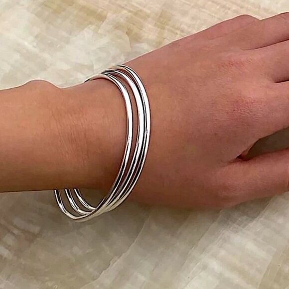 Sterling Silver Three Piece Thin Bangle Minimalist Bracelet Set - Picture 1 of 4